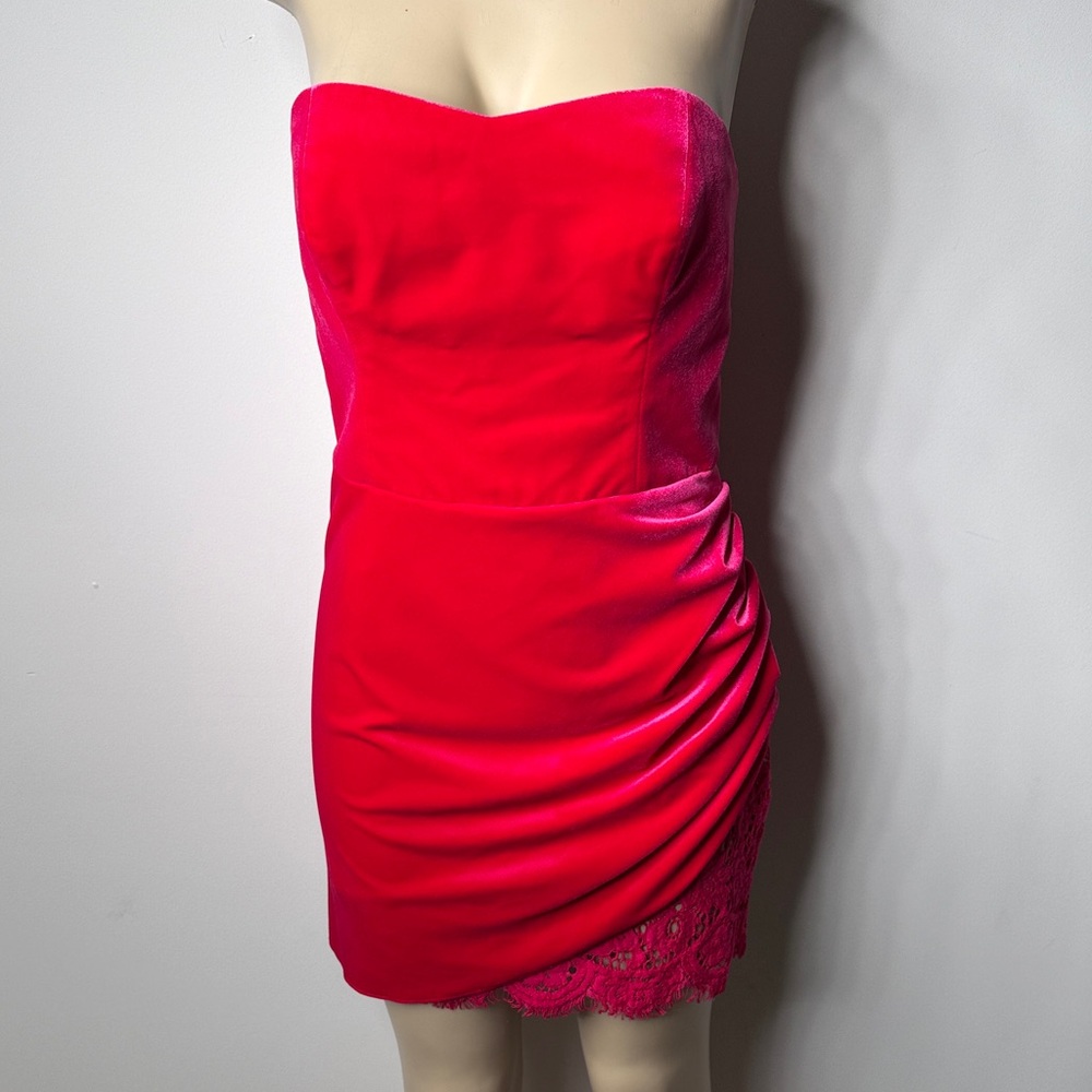 Amanda Uprichard Strapless Hot Pink Velvet Lace-Trim Mini Dress